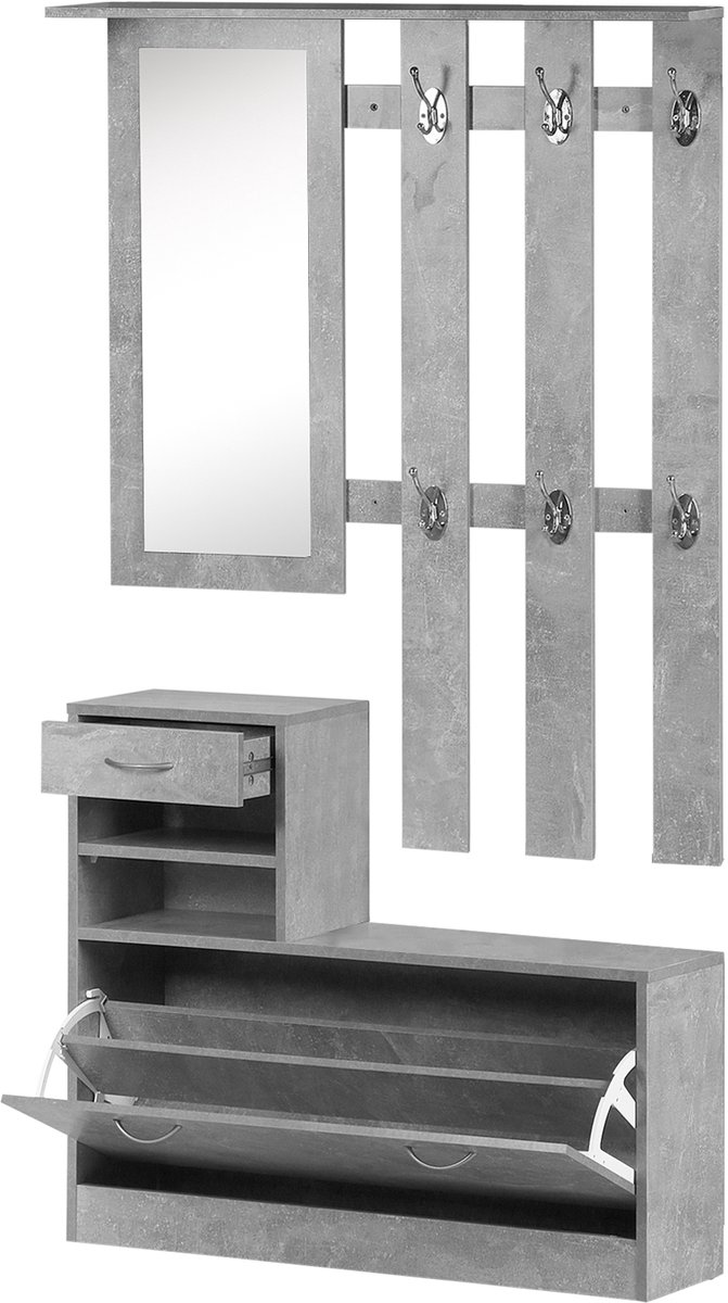 3-in-1 set ingangsmeubels - garderobe - betonlook - grijs - Kapstok - spiegel - schoenenbank - 6 haken - verstelbaar rek