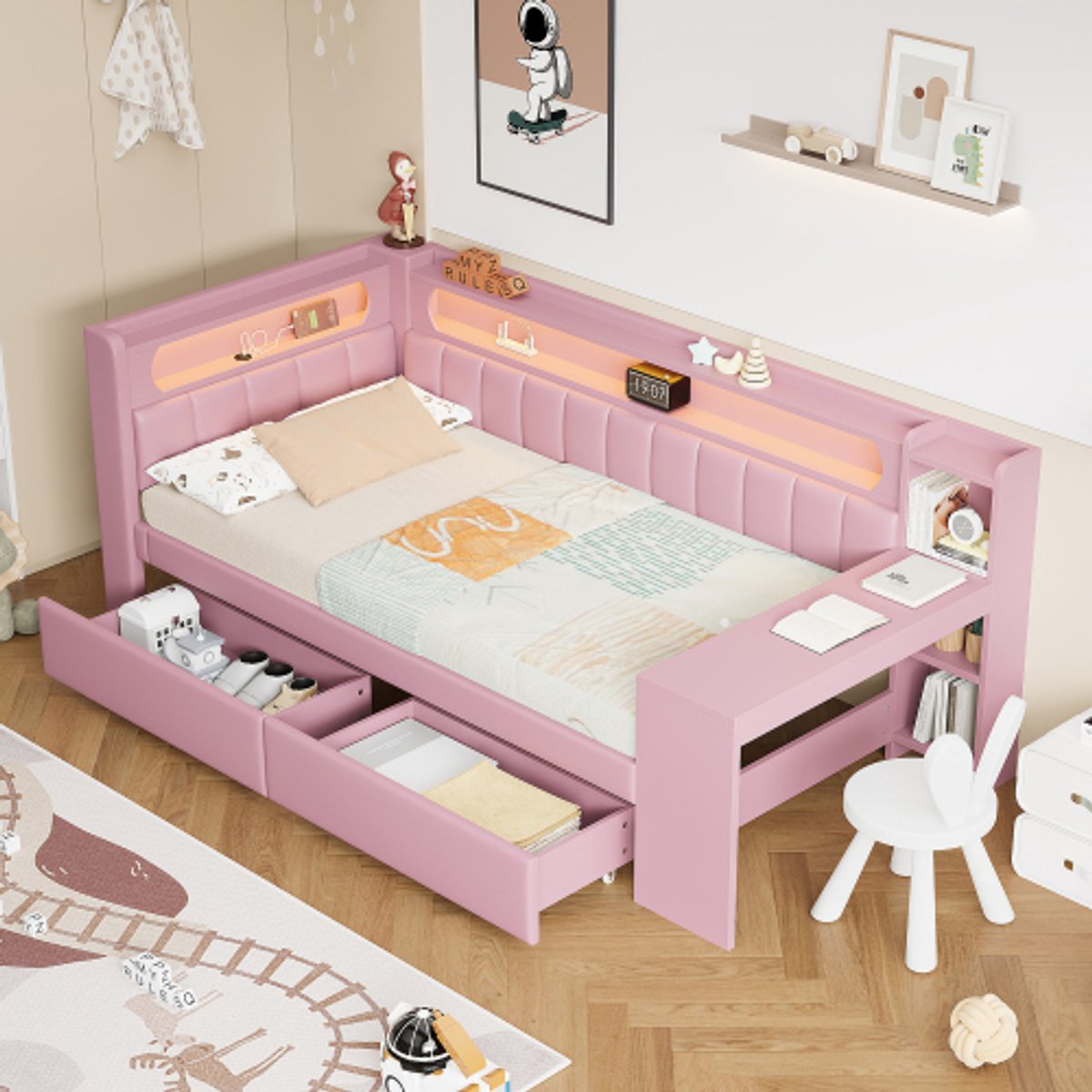 Gestoffeerd daybed 90 x 200 cm - Met USB, LED, bureau en 2 lades - Roze-Matras niet inbegrepen