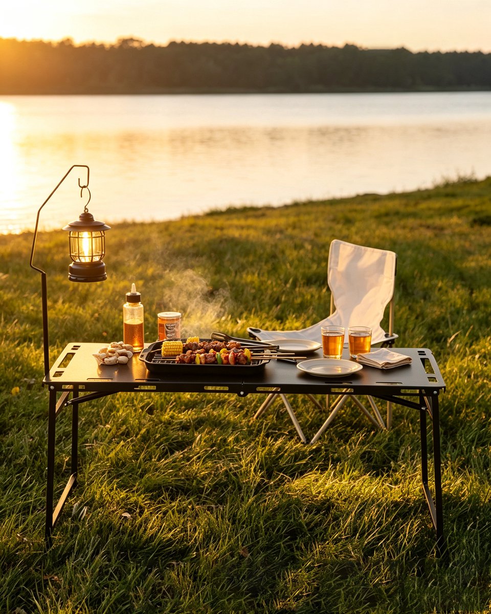Hydraulisch/pneumatisch inklapbare barbecuetafel + lampenstandaard geschikt voor buitengebruik afmetingen 104*48*50 cm Draagbare campingtafel lichtgewicht metalen barbecuetafel geschikt voor kamperen picknicks en barbecues zwart