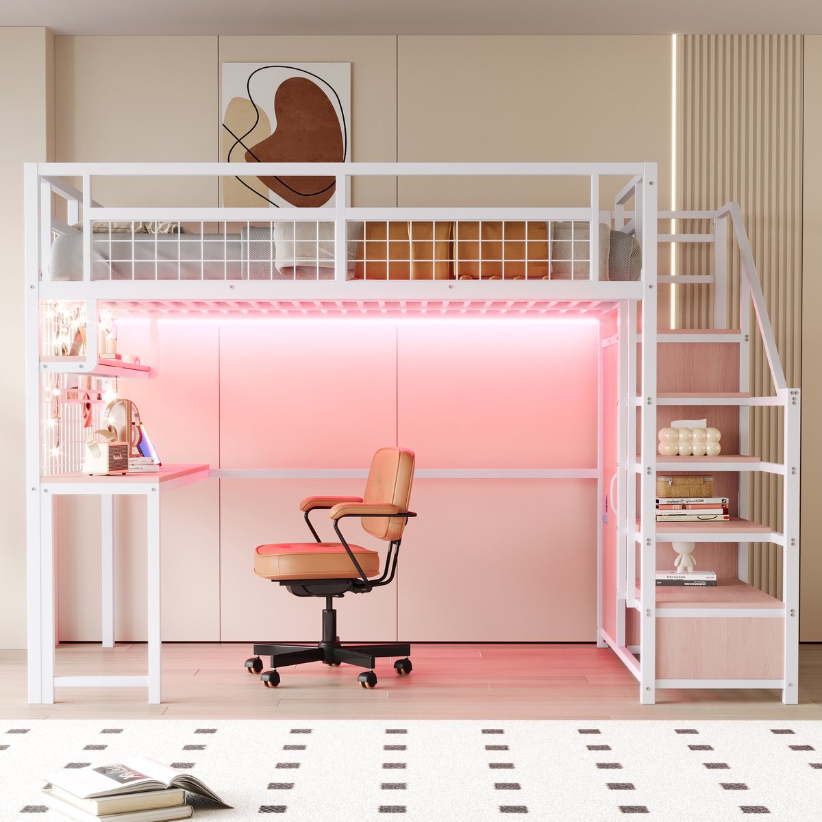 VVBV Hoogslaper 140x200 cm - Met Bureau, Opbergtrap, Stopcontact, LED-Verlichting - Wit, Metaal