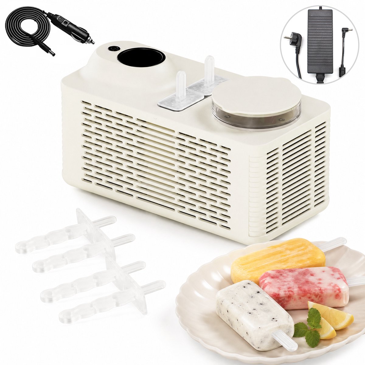 Mini IJsmaker – 2 Ijsjes in 30 Min, 150W, Draagbaar – Werkt op 12V Auto & Thuis – Gezond & Snel – Zachtgeel