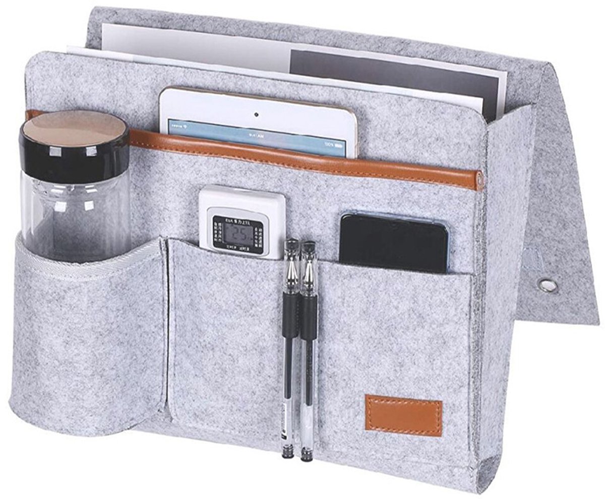 Bedside Pocket - Bed Organizer Hangend - Bed Opbergzak - Opbergvak Bed - Met 5 Vakken - Multifunctionele Bedside Organizer - Voor Slaapzaal Thuis en Kantoor - Voor Afstandsbediening, Boeken en Tablet – Lichtgrijs - 28 × 31 × 8 cm