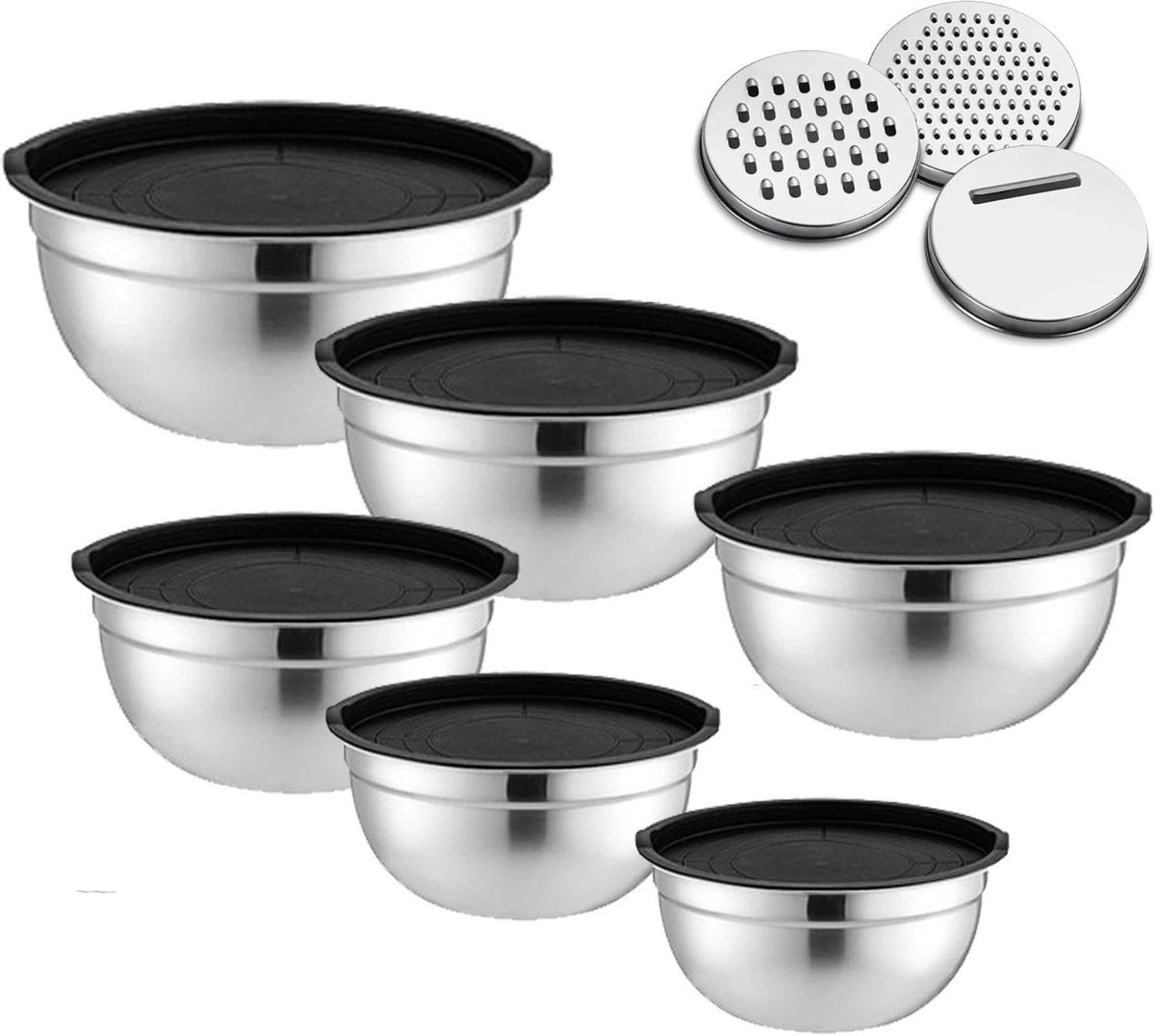 Set van 6 RVS Mengkommen met Deksel en Raspaccessoires voor Koken en Bakken, Diverse Maten 0.7L tot 4.5L