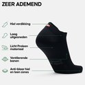 Zwarte sportsok, laag uitgesneden, met informatie over verdikking hiel, licht Prolen materiaal, ventilerende banen en anti-blaren zones.