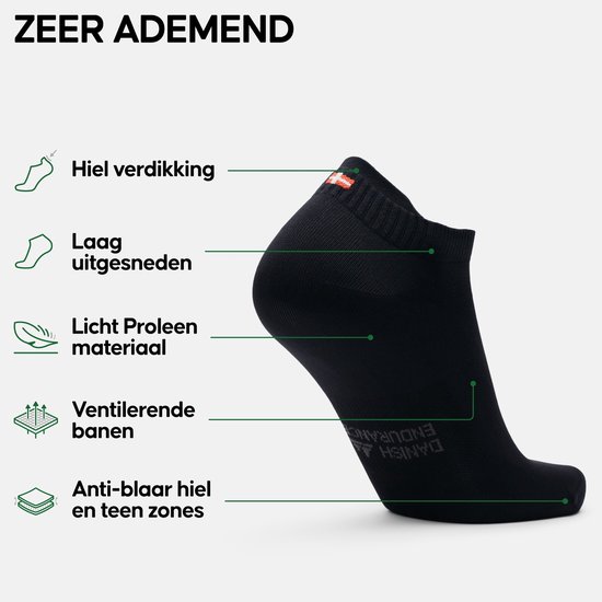 Zwarte sportsok, laag uitgesneden, met informatie over verdikking hiel, licht Prolen materiaal, ventilerende banen en anti-blaren zones.