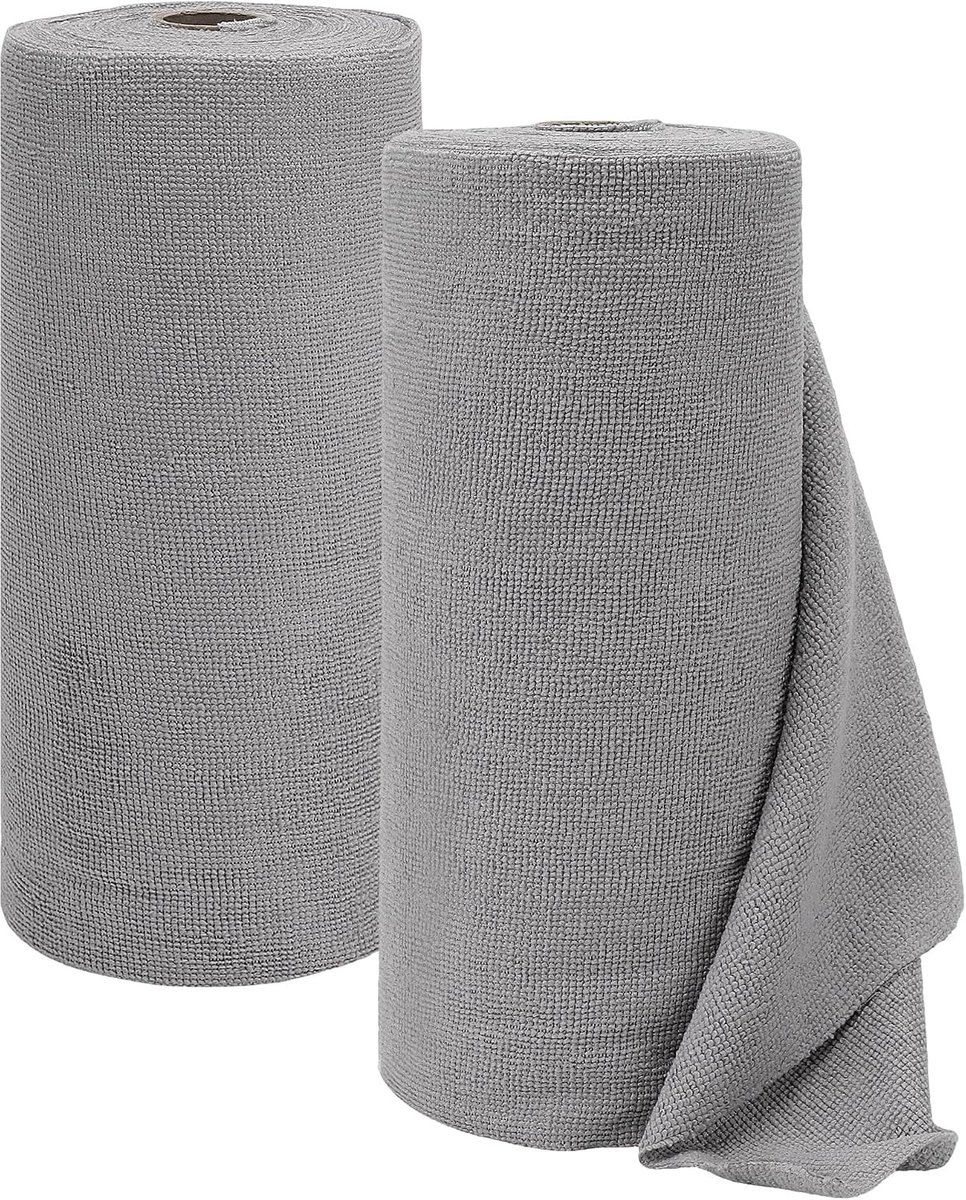 2 Rollen 100 Vellen Afscheurbare Poetsdoekrolset 30 x 30 cm - Grijze Microvezel Reinigingsdoeken voor Keuken, Ramen en Auto