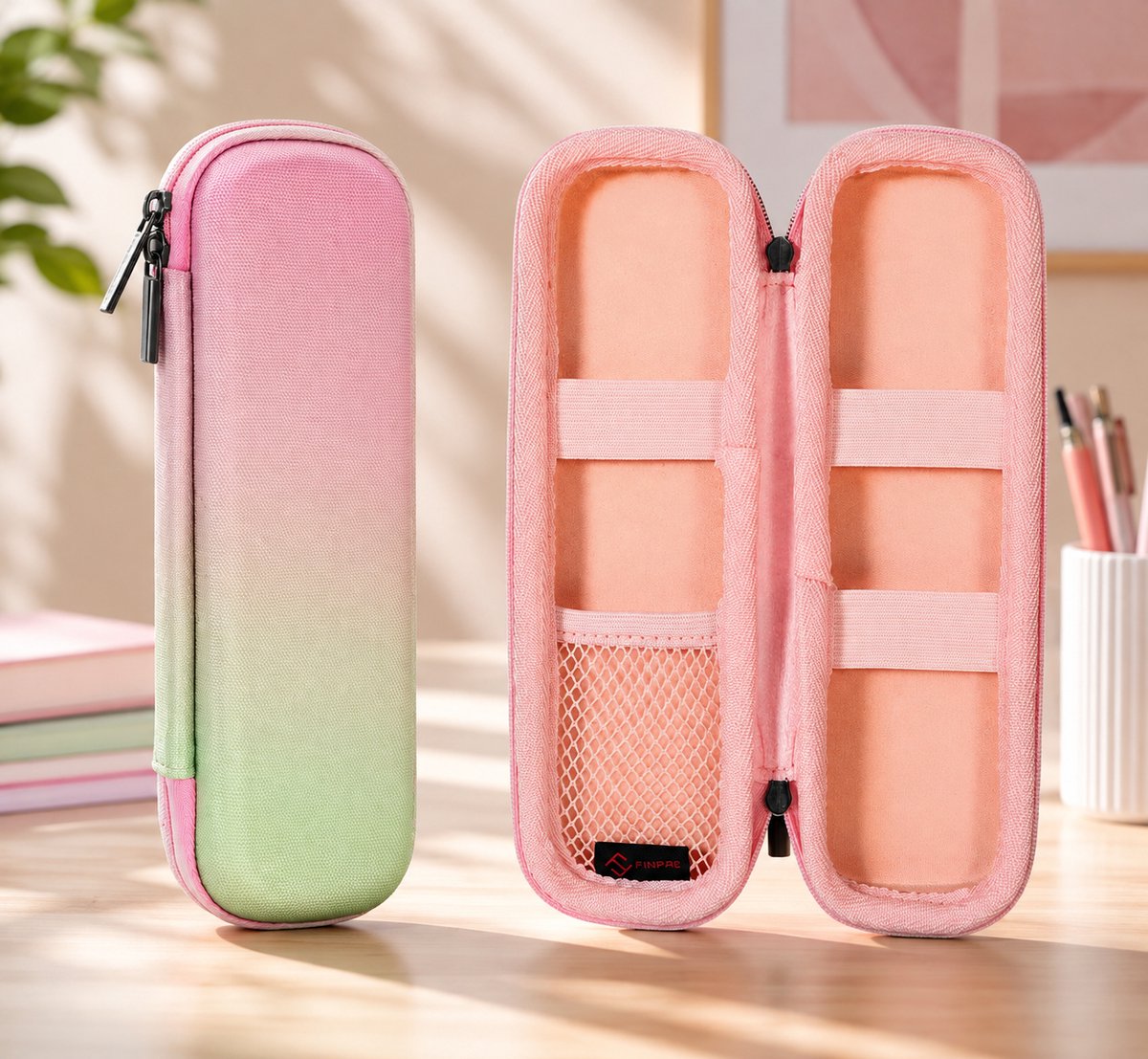 FINPAC Pennenetui van Eva, Schokbestendig en Waterbestendig, met Ritsvak, Roze-Groen-Ombré, Small