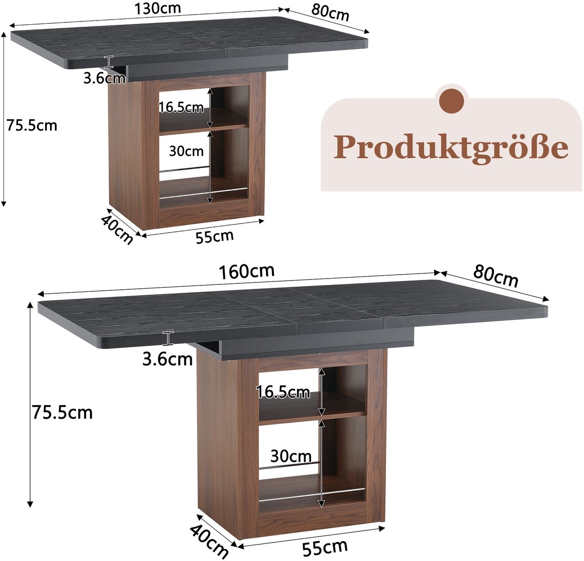 FloraGrace Eettafel - Uitrekbaar Met Opbergrek En Moderne Houtnerf - Voor Woonkamer En Eetkamer - MDF En Metaal - 160x80x75,5 Cm - Zwart En Walnoot