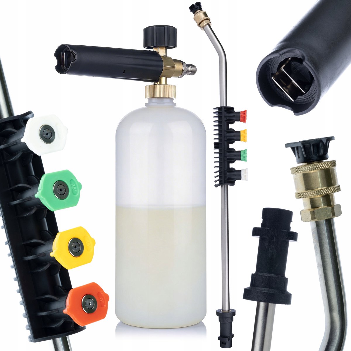 Rosfix Hogedruklans Set - 15° Gebogen Lans, 5 Spuitmondjes - Schuimpistool 1L - 1/4" QC, 160 Bar - Geschikt voor Kärcher
