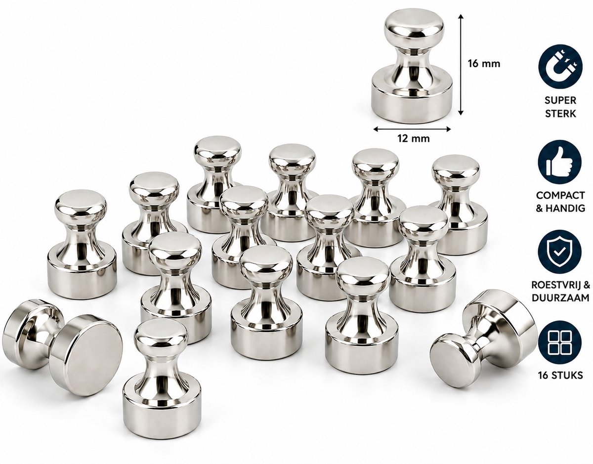 Neodymium Magneten 16 Stuks – Super Sterke Magneten – Koelkastmagneten & Whiteboard Magneten – Mini Magneten 12 x 16 mm – Zilver