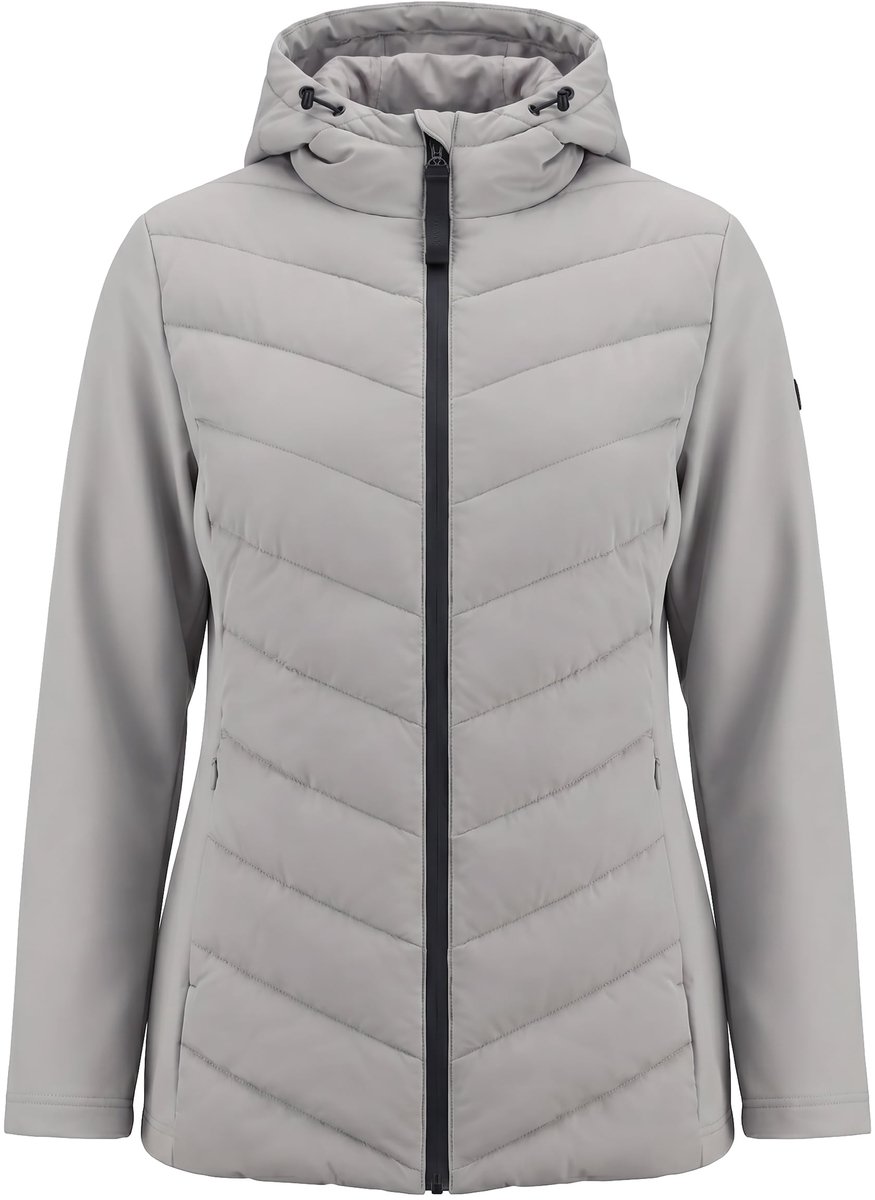 Ulla Popken - Dames - HYPRAR hybride jas materiaalmix opstaande kraag capuchon - Medium grijs - Maat 58+