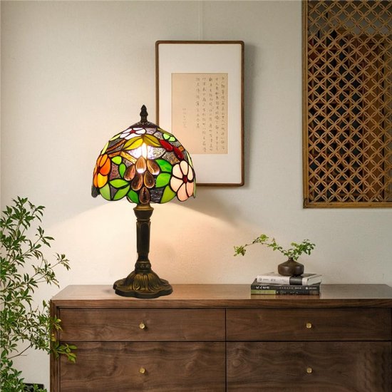 Tafellamp in Tiffany-stijl met glas-in-lood, druivenpatroon, vintage decoratieve verlichting, geschikt voor slaap-/woonkamer, handgemaakte lampenkap van glas-in-lood, kunstzinnige tafellamp. — afbeelding 2