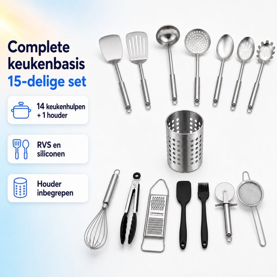 Zilverkleurige keukengerei set, 15-delig, met houder, RVS en siliconen.