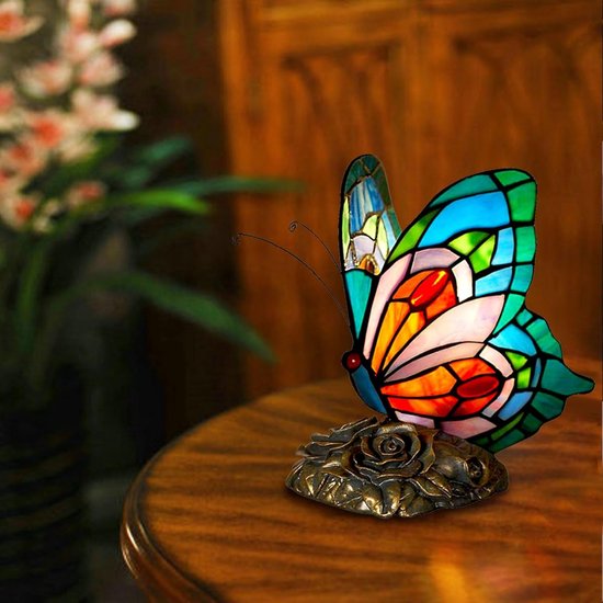 Tiffany Tafellamp, bedlamp, blauwe vlinder kleurstof, glas, vintage lampenkap voor slaapkamer, bureaulamp voor woonkamer, lezen — afbeelding 3
