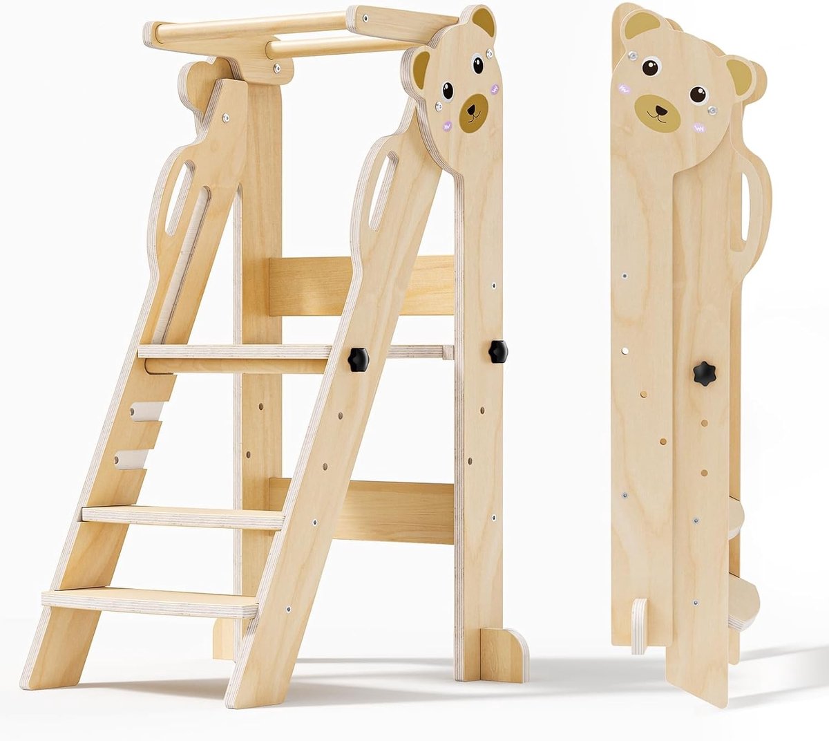 Vouwbare Montessori Leerstoel voor Kinderen van 1 tot 3 Jaar, Veilig Keukenhulpje van Natuurlijk Hout, Ideaal voor Observatie en Leren