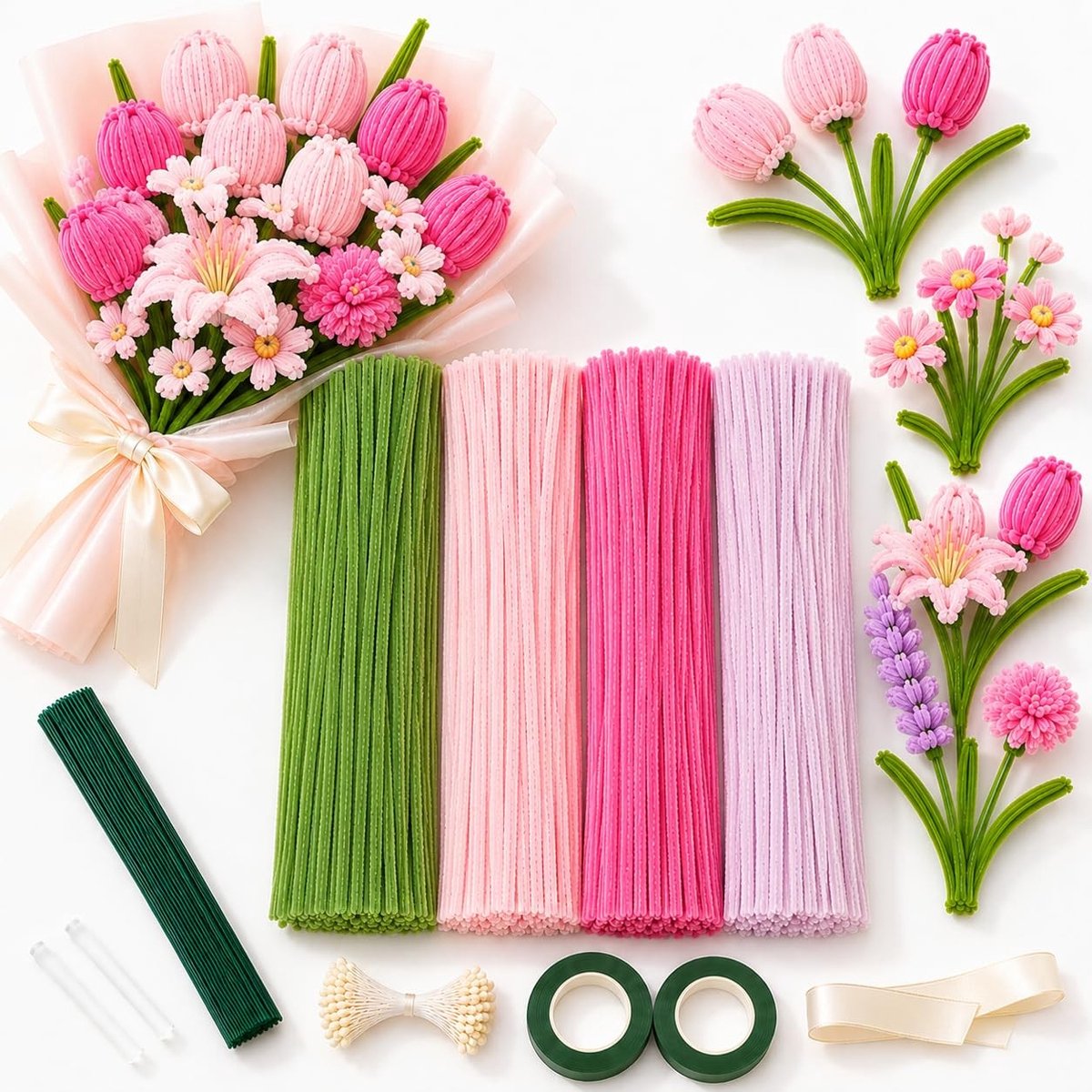 Omgoods - Set van 426 Pijpenreinigers Bloemen Roze
