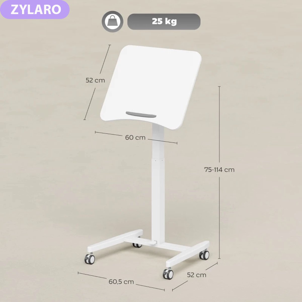 Zit-sta Bureau met Kantelbaar Tafelblad, Veiligheidsstop & 4 Wielen - Verrijdbaar it Sta Bureau - In Hoogte Verstelbaar 75-114 cm - Computerbureau - Computer Tafel - Bureautafel - Desk - Game Bureau - Wit thumbnail 2