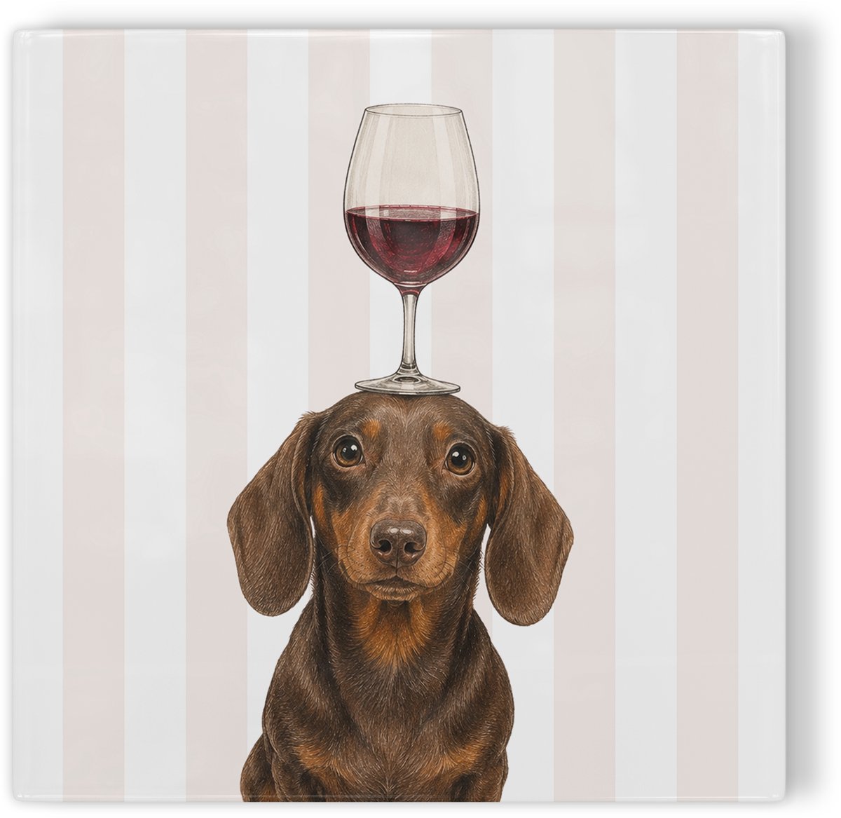 Tegeltje Teckel met wijnglas - beige wit gestreept - tegeltje hond - tegeltje met illustratie