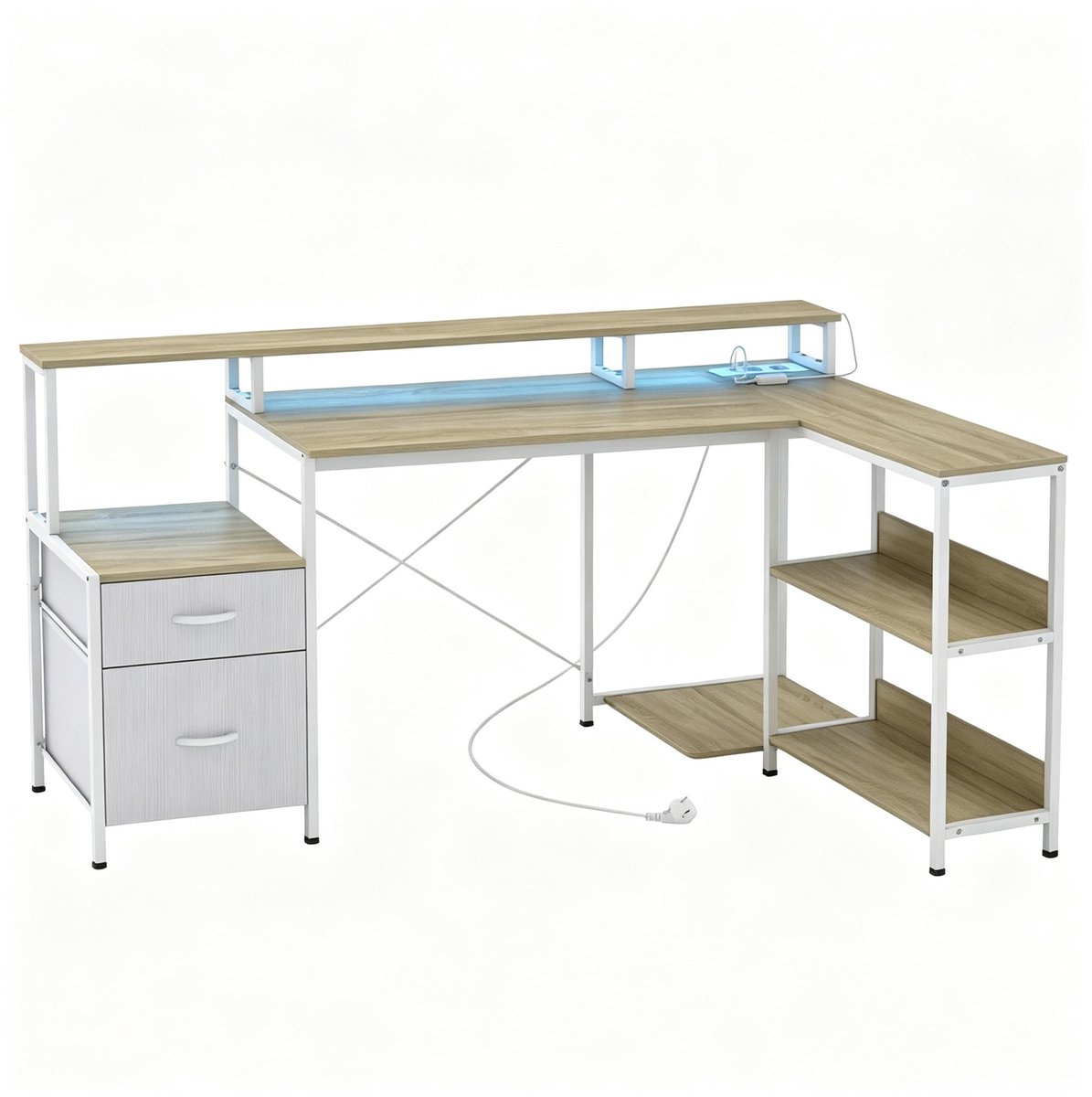 COVREO Hoekbureau 172x100x89 cm wit houtlook, met RGB-ledverlichting en 2 lades