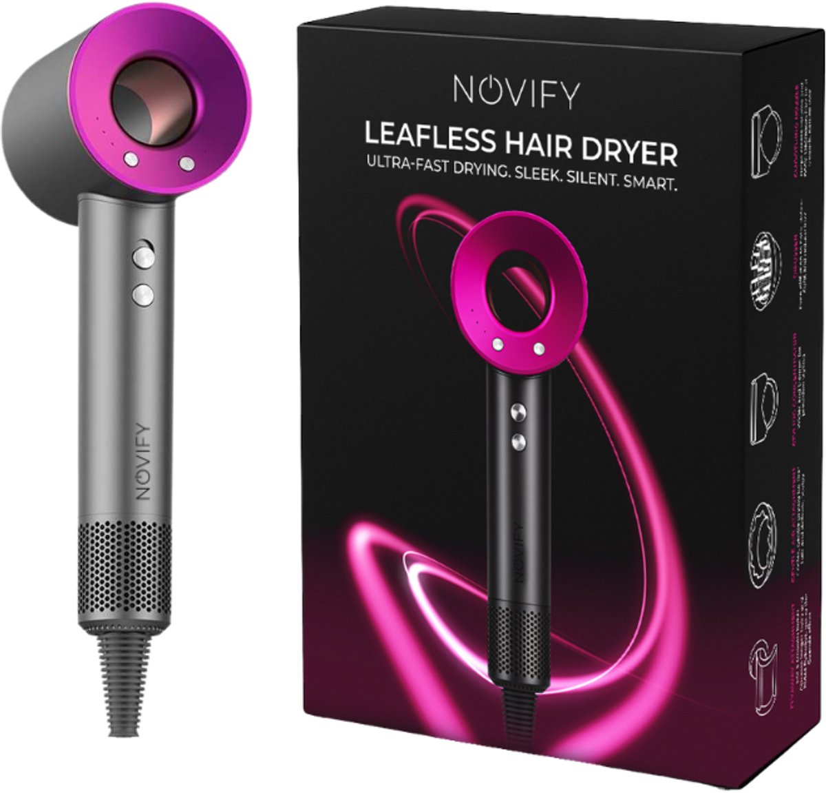 NOVIFY® Fohn - Fohnborstel - Haardroger met 5 opzetstukken - Fohn met Diffuser - 1500W - Velvet Steel - 2025