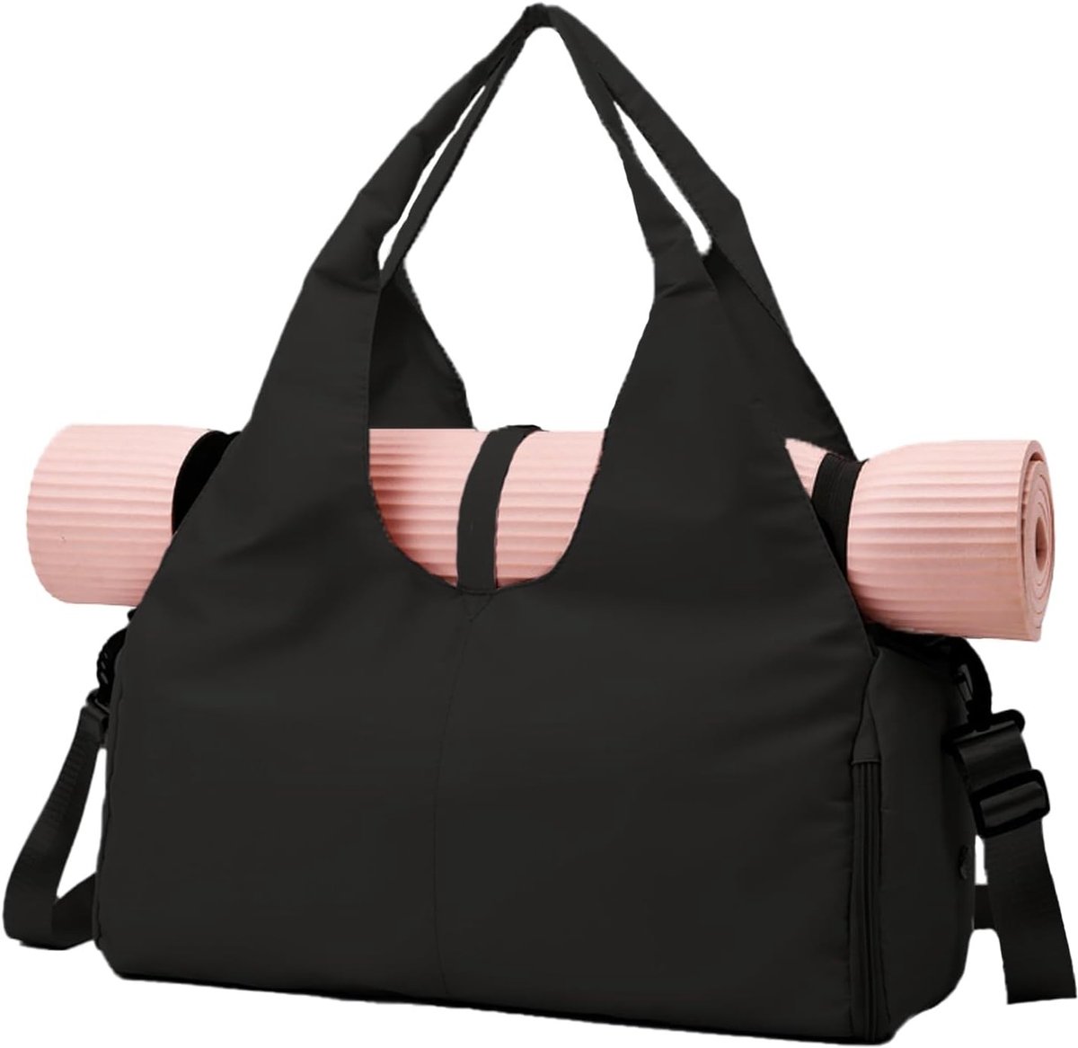 Grote sporttas voor dames met compartiment voor schoenen en nat-droog opslag, ideaal voor yoga en reizen, zwarte weekendtas