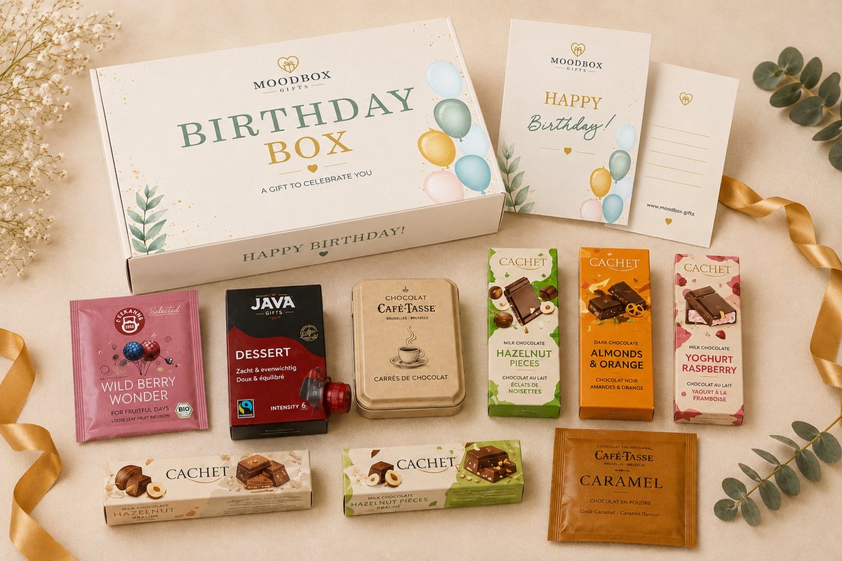 Luxe verjaardagscadeaubox – Belgische chocolade, koffie, thee & lekkernijen – Gepersonaliseerde wenskaart – Moodbox Gifts – Birthday Box Select