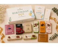 Luxe verjaardagscadeaubox – Belgische chocolade, koffie, thee & lekkernijen – Gepersonaliseerde wenskaart – Moodbox Gifts – Birthday Box Select