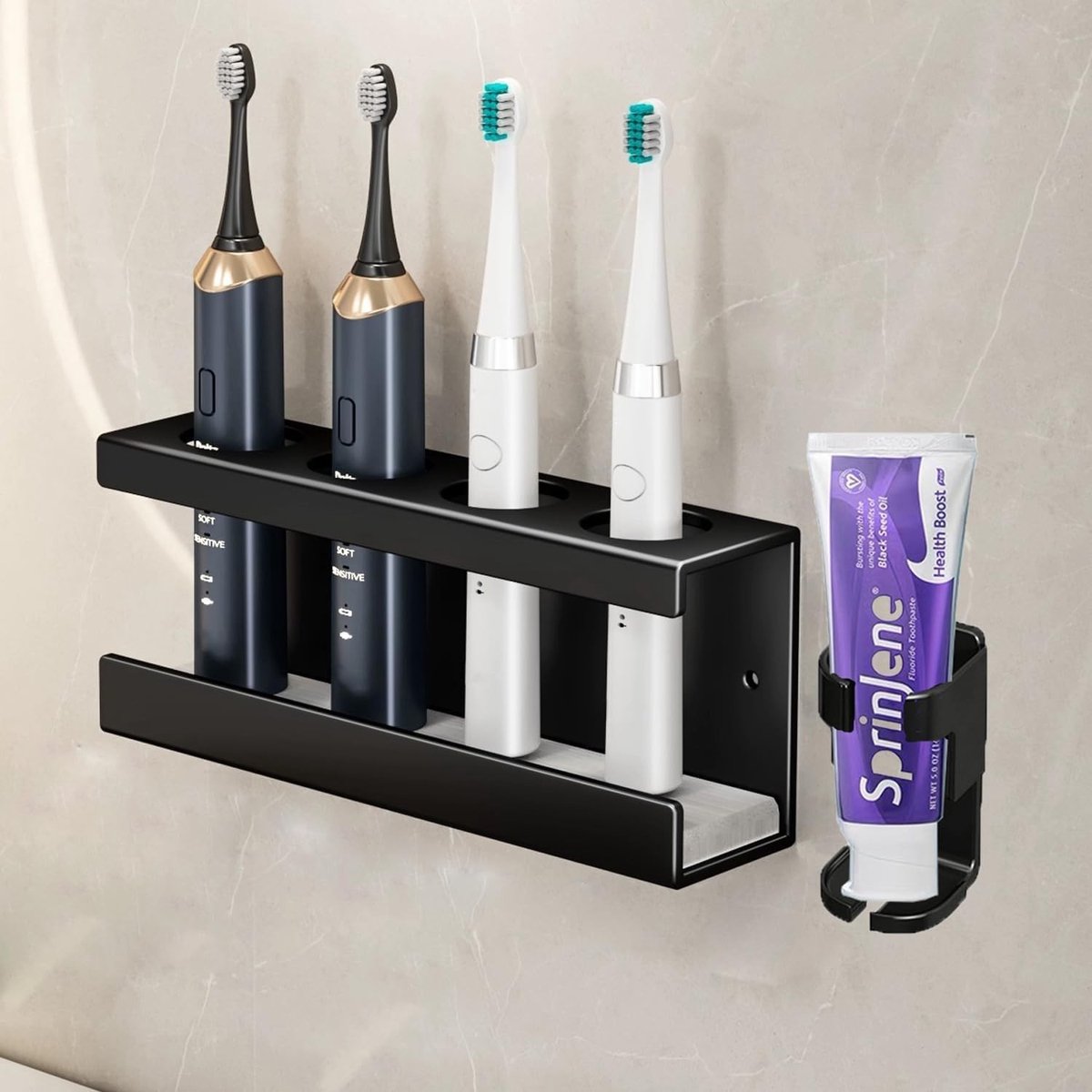 Wandgemonteerde Elektrische Tandenborstelhouder - Zwart - 20 x 8,5 x 5 cm - Roestvrijstalen Tandenborstelstandaard met Tandpasta-organizer - Voor Badkamer