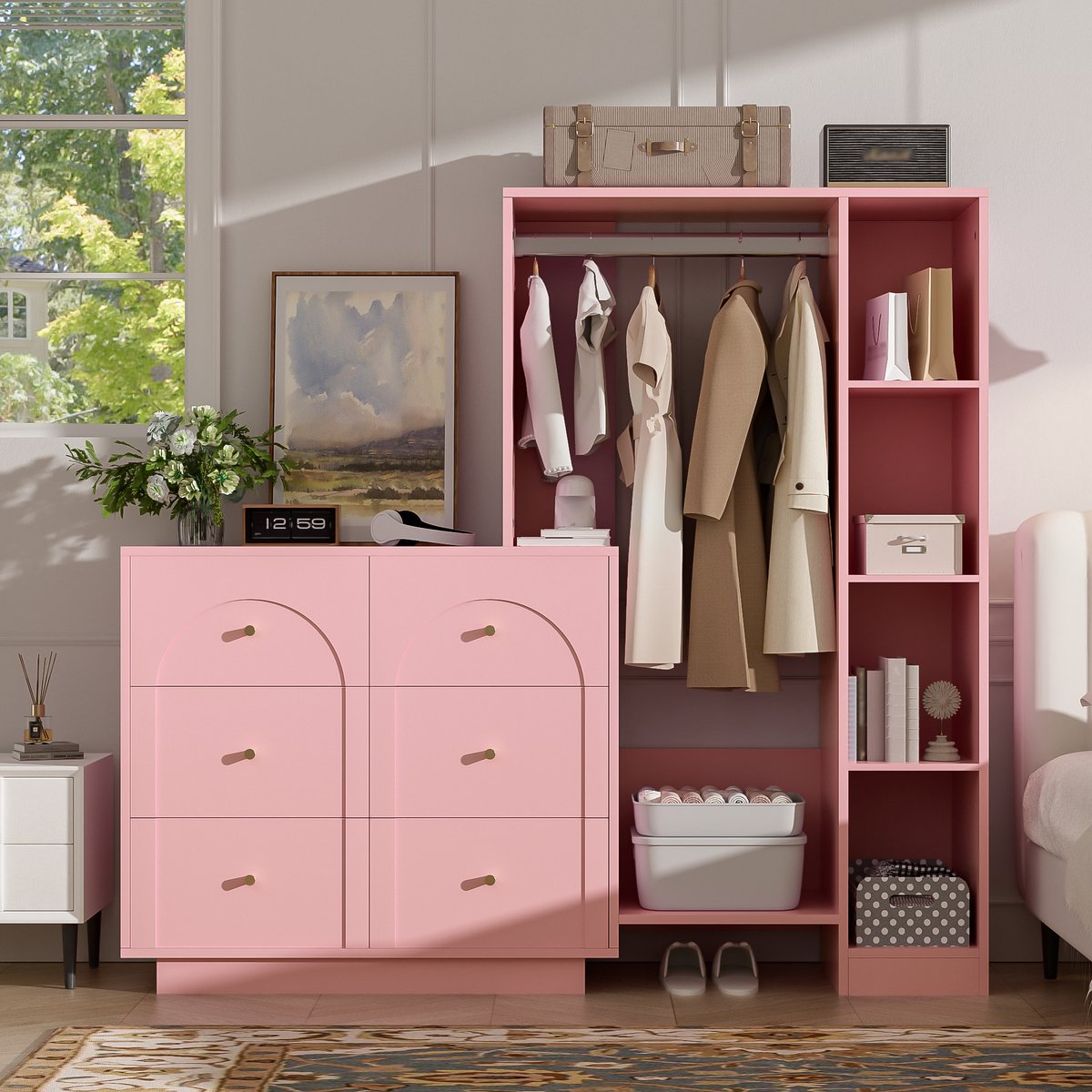 VVBV Kledingrek 139x35x133 cm - Kledingroede, Opbergruimte, 6 Lades, Met Planken - Roze, Spaanplaat
