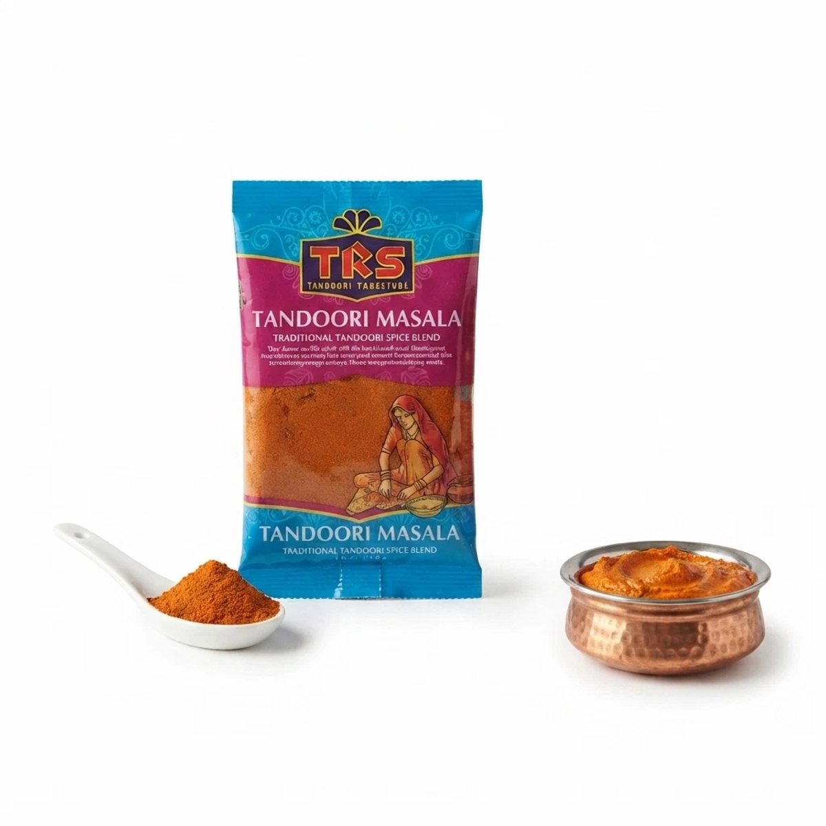 TRS Tandoori Masala Grill- en Barbecueworruiden - Authentieke Indiase Specerijenmix en Kruidenpoeder voor Vlees, Kip en Groenten - 100g Verpakking Met Kajal Sticker