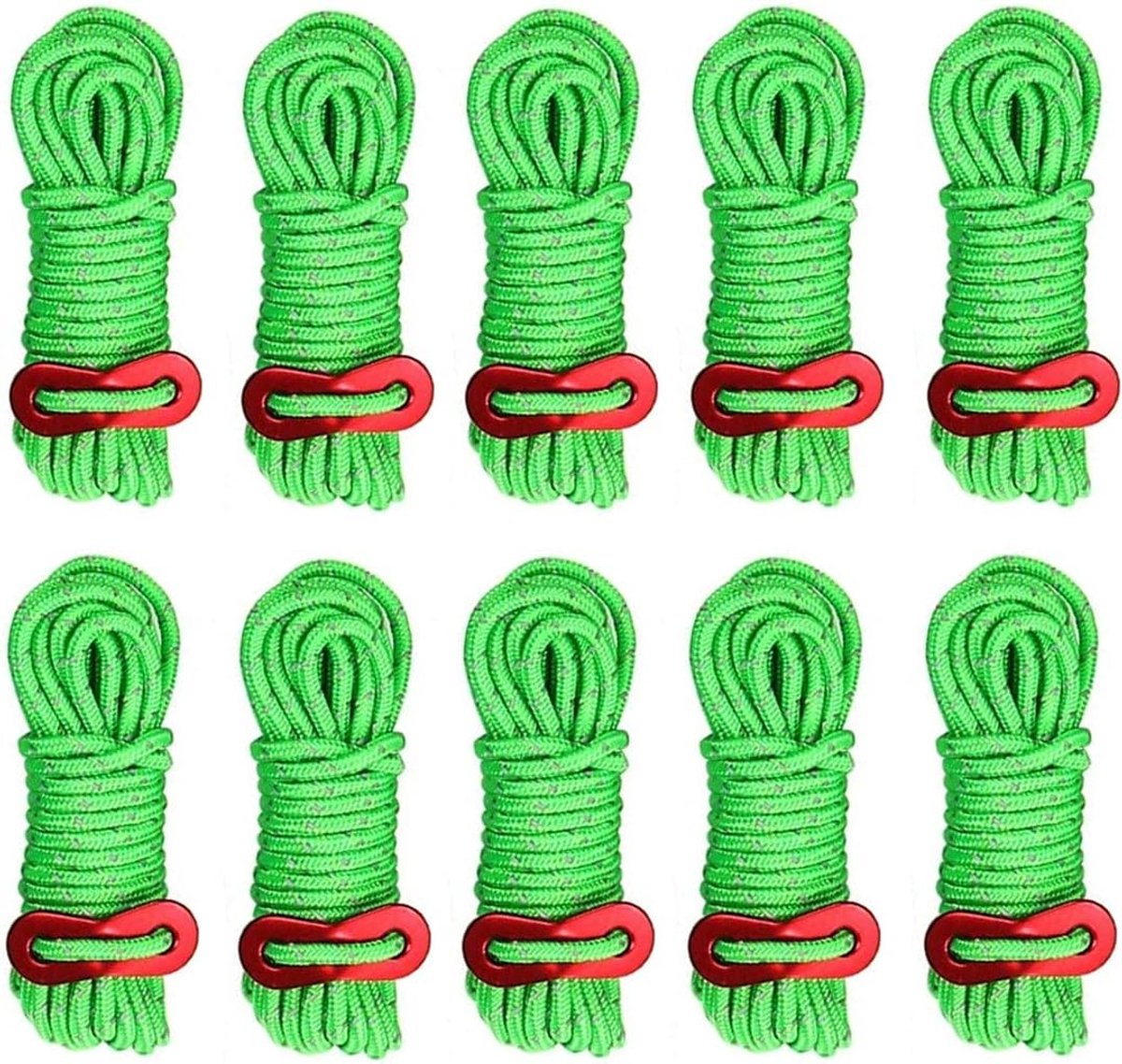 10 Stuks Reflecterende Scheerlijnen met Spanner - 4 Meter (4mm) - Reflecterende Scheerlijn - aluminiumlegeringspanner - Tentkoord voor Luifel en Tent - Camping Touw - groente