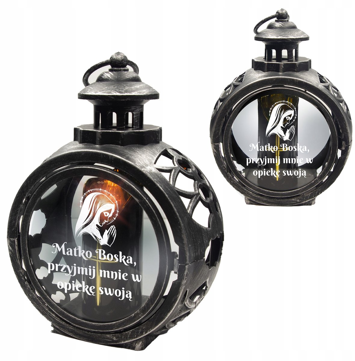 Zilveren Graf Lampion met LED Kaars en Gravure Maria