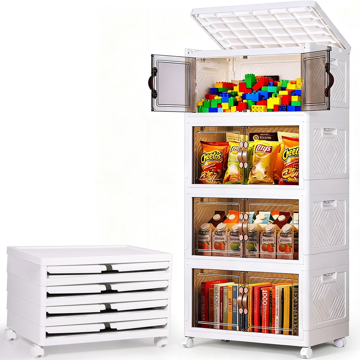 Opbergkast met Deuren 4-Laags - Inklapbare Opbergbox, Verrijdbare Opbergwagen en Stapelbare Opberger met Dubbele Deuren en Wielen, 50x30x112,5 cm - Wit