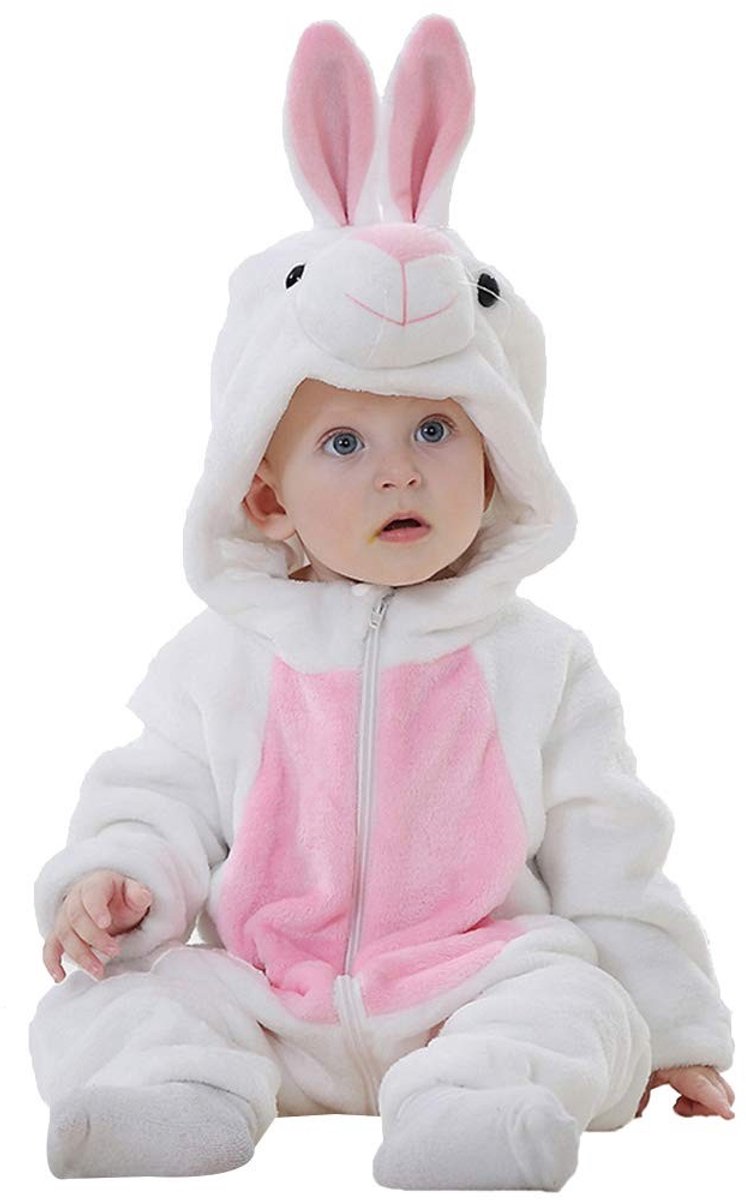 SolidKeus - Unisex Baby Romper met Capuchon voor 0-36 Maanden, Witte Konijn