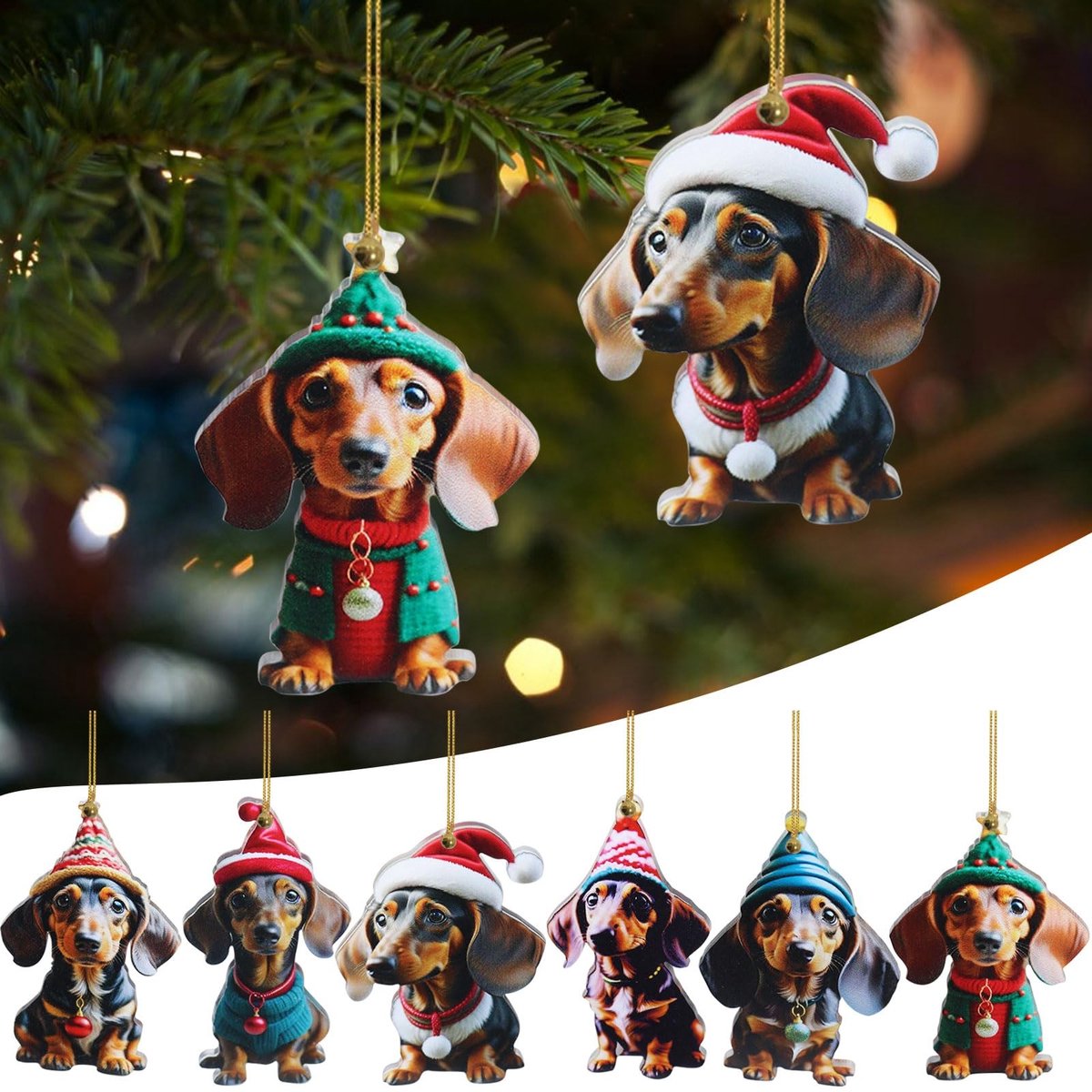 SolidKeus - 6 Stuks Dackel Kerstboomdecoraties in 2D, Acryl Hangers