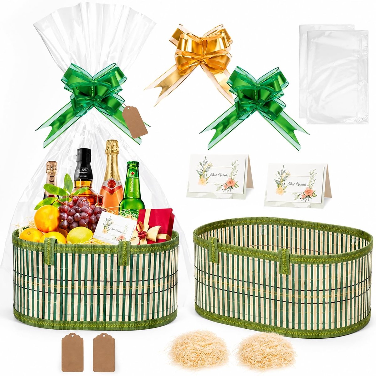 SolidKeus - Set van 2 Bamboe Geschenkmanden met Strik en Wenskaarten