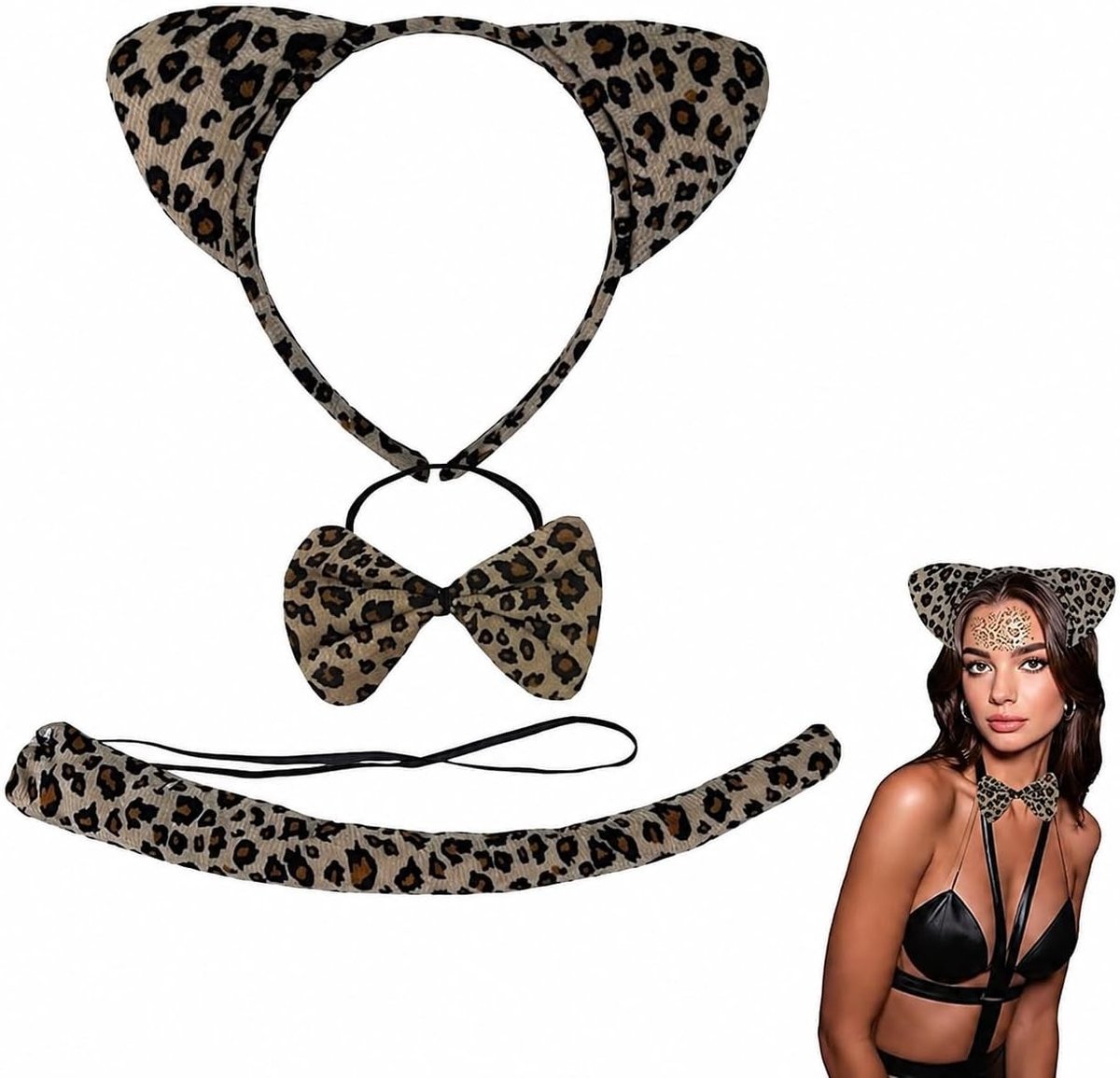 Leopard Kostuum Set met Hoofdband, Strik, Staart en Stickers - Comfortabel en Stijlvol voor Vrouwen, Tieners en Kinderen - Perfect voor Carnaval, Junglefeest en Halloween