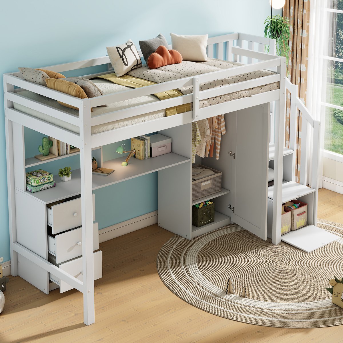 Hoogslaper 90x200 cm met Bureau en Kledingkast, Opbergtrap en Lades, Ruimtebesparend Kinderbed met Opbergruimte, Veiligheidshek en Lattenbodem - Wit