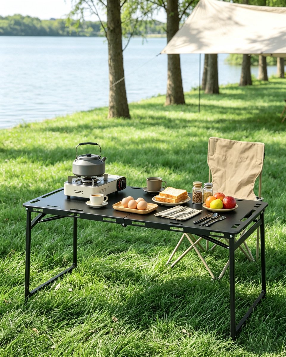 Hydraulisch/pneumatisch inklapbare camping-/barbecuetafel geschikt voor buitengebruik afmetingen 104*48*50 cm Draagbare campingtafel lichtgewicht metalen barbecuetafel geschikt voor kamperen picknicks en barbecues zwart
