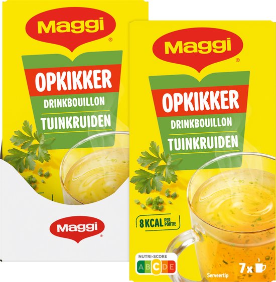 Twee dozen Maggi Opkikker tuinkruiden drinkbouillon, gele verpakking met afbeelding van kruidige bouillon in een glas.