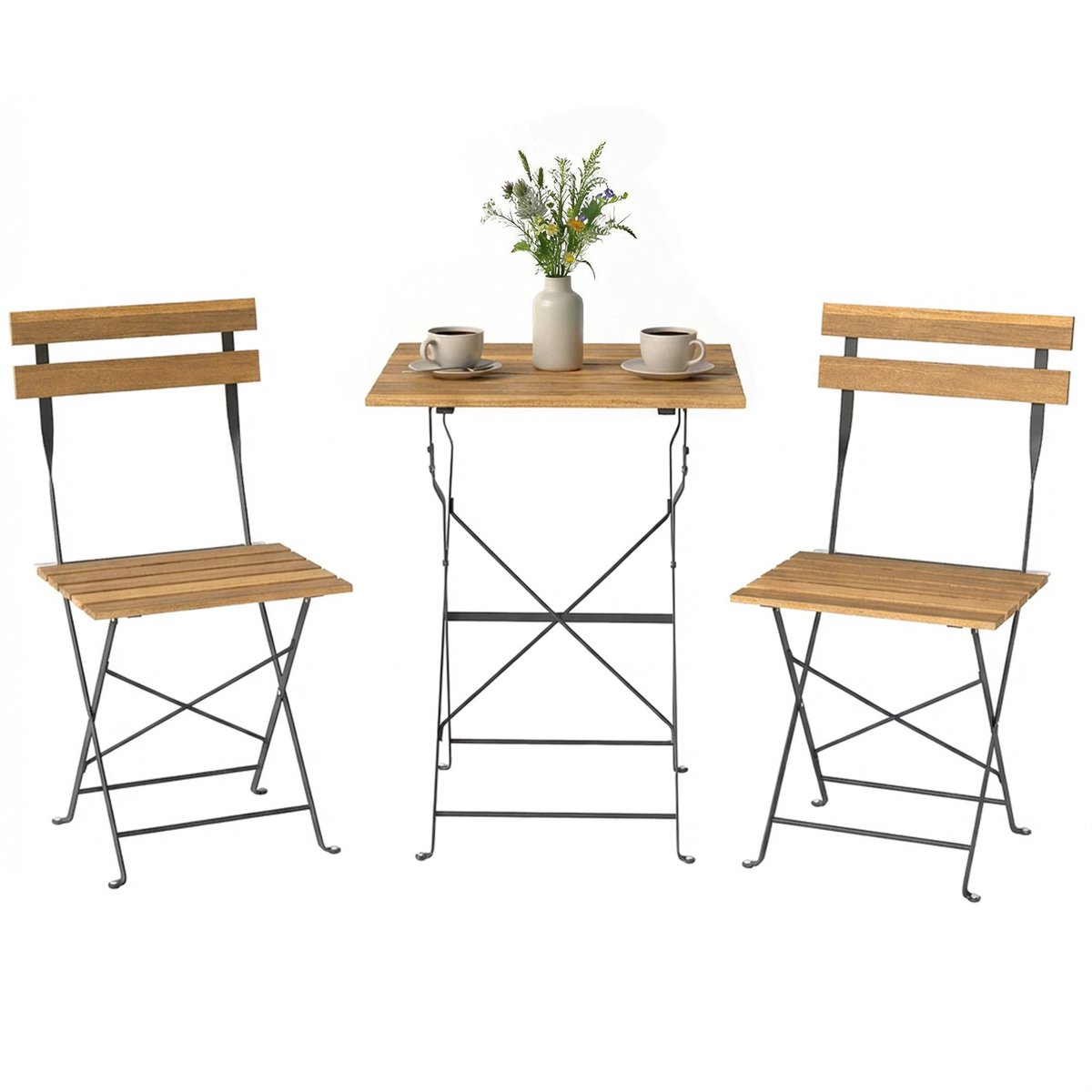 3-delige set kleine eetstoelen voor buiten – inclusief een tafel en twee klapstoelen – van hout – geschikt voor het balkon, het terras en de tuin