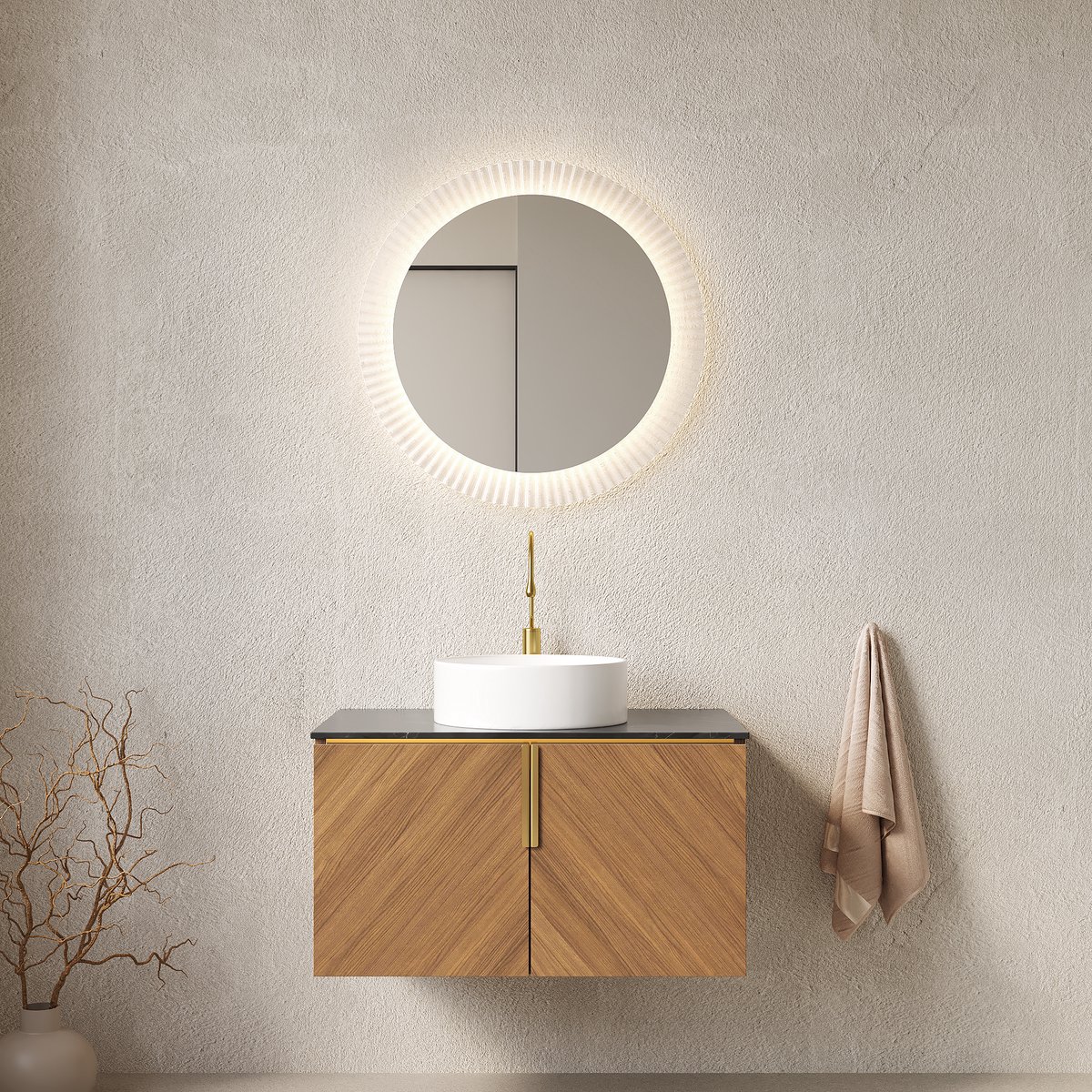 Wandhangend badkamermeubel met wastafel - Ruimtebesparend design - 76 cm - Zwart & Bruin eiken - Wit keramisch opzetkommetje - Sinterstenen werkblad - Soft-close deuren met diagonaal reliëf - Gouden handgrepen
