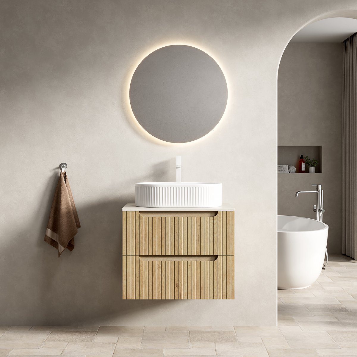 Hangend badkamermeubel met wastafel - Zwevend design voor kleine badkamer - 60 cm - Wit eiken & travertin - Ovaal keramisch bekken & sinterstenen blad - 2 soft-close lades met groefstructuur - Voorgemonteerd