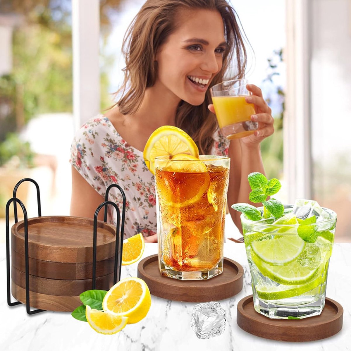 4-delige houten onderzetterset – Decoratie voor de salontafel – Baronderzetters – Onderzetters met houder – Koffieonderzetters – Onderzetters voor keuken, eetkamer en buiten – Onderzetters voor wijnglazen - onderzetters - onderzetters voor glazen — cadeau in Wonen & Interieur - foto 2