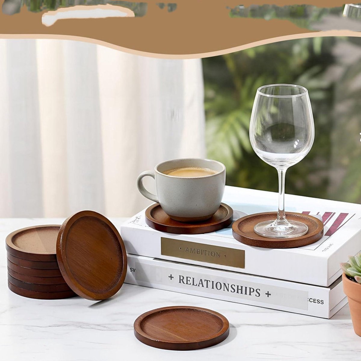 4-delige houten onderzetterset – Decoratie voor de salontafel – Baronderzetters – Onderzetters met houder – Koffieonderzetters – Onderzetters voor keuken, eetkamer en buiten – Onderzetters voor wijnglazen - onderzetters - onderzetters voor glazen — cadeau in Wonen & Interieur - foto 5