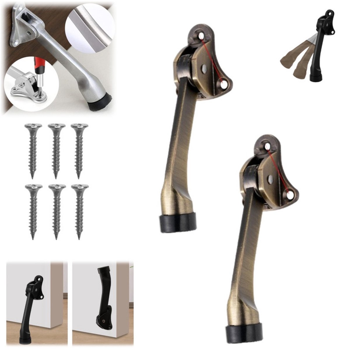 2 Deurstoppers – Met één hand verstelbare metalen deurstop – Zinklegering – Met rubberen stootkussen – 13 cm – Geschikt voor binnen- en buitendeuren en balkondeuren – deurstopper - zware deurstopper - hoefijzer deurstopper - voor binnen en buiten