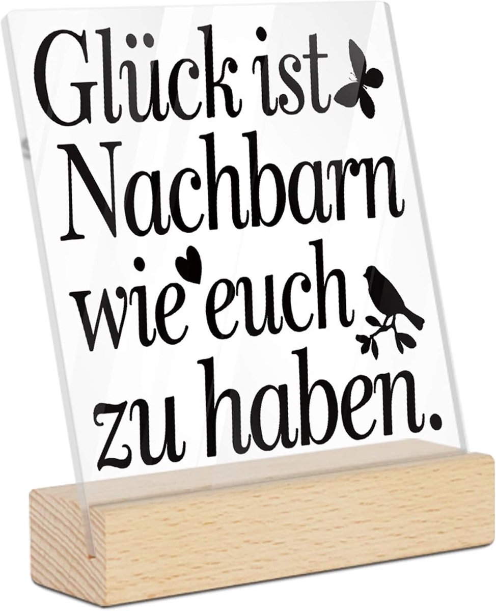 Decor Acryl bord met houten sokkel - "Geluk is buren zoals jullie te hebben" - Decoratie voor buurt, huis en gemeenschappelijke ruimtes