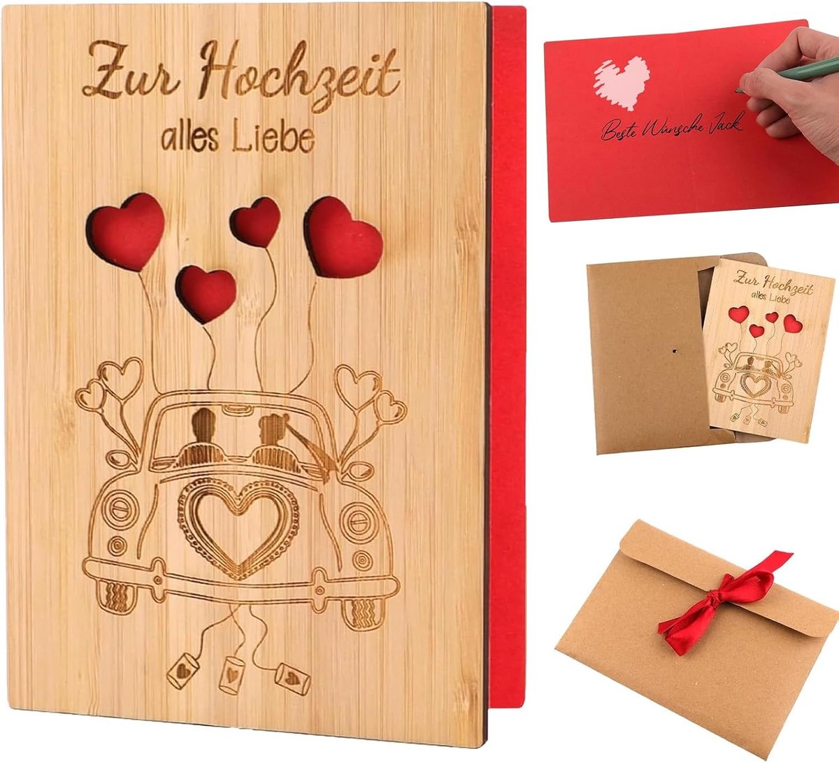 Wenskaart van hout met envelop, bruiloftskaart met twee harten, creatief cadeau voor Valentijnsdag, verjaardag, Kerstmis en Moederdag, handgemaakte cadeaubonnen voor koppels