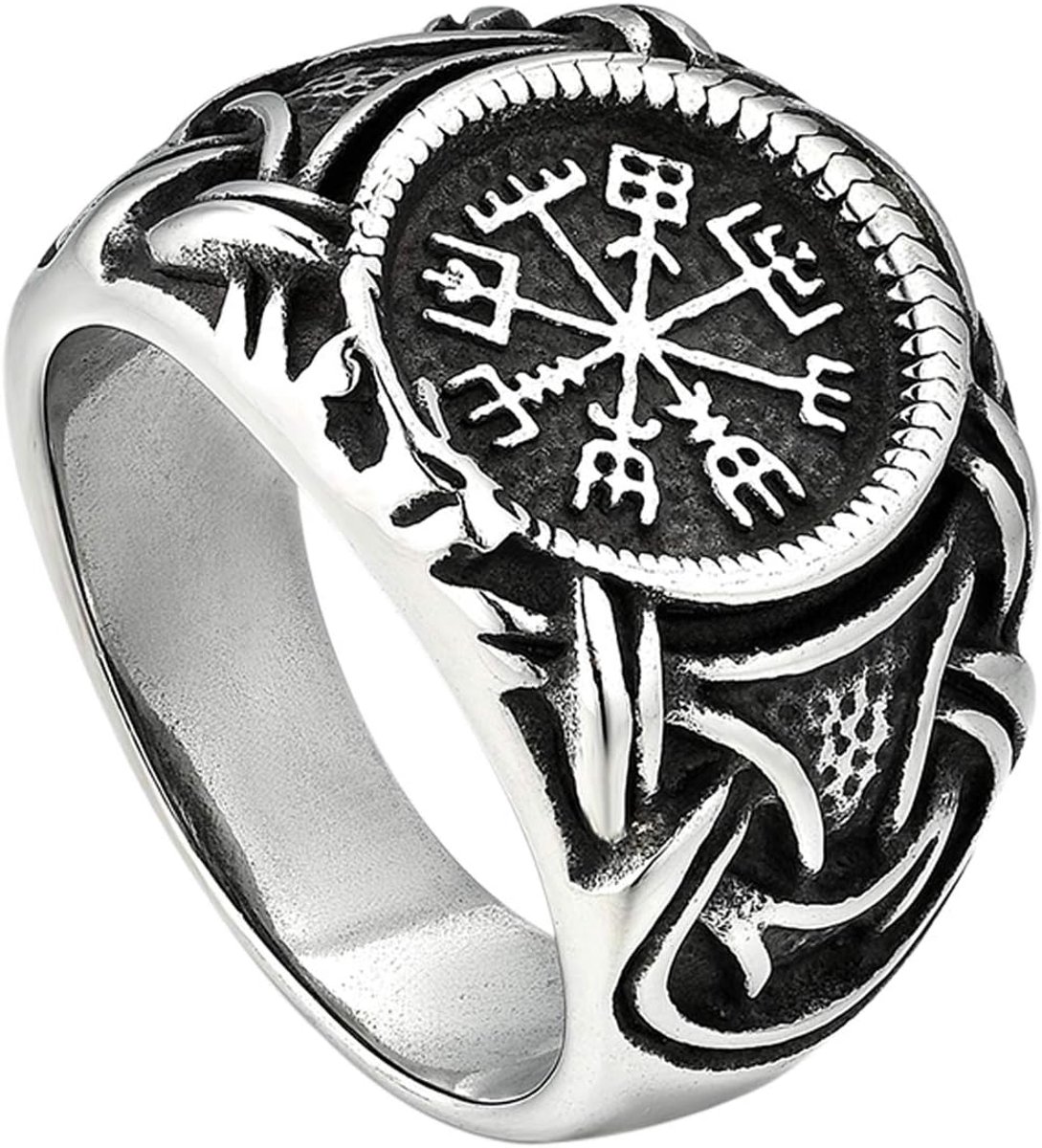 Herenring, duimring, bandring, zilver, Viking, kompas, motorrijder, biker, retro herenaccessoires, roestvrij staal,