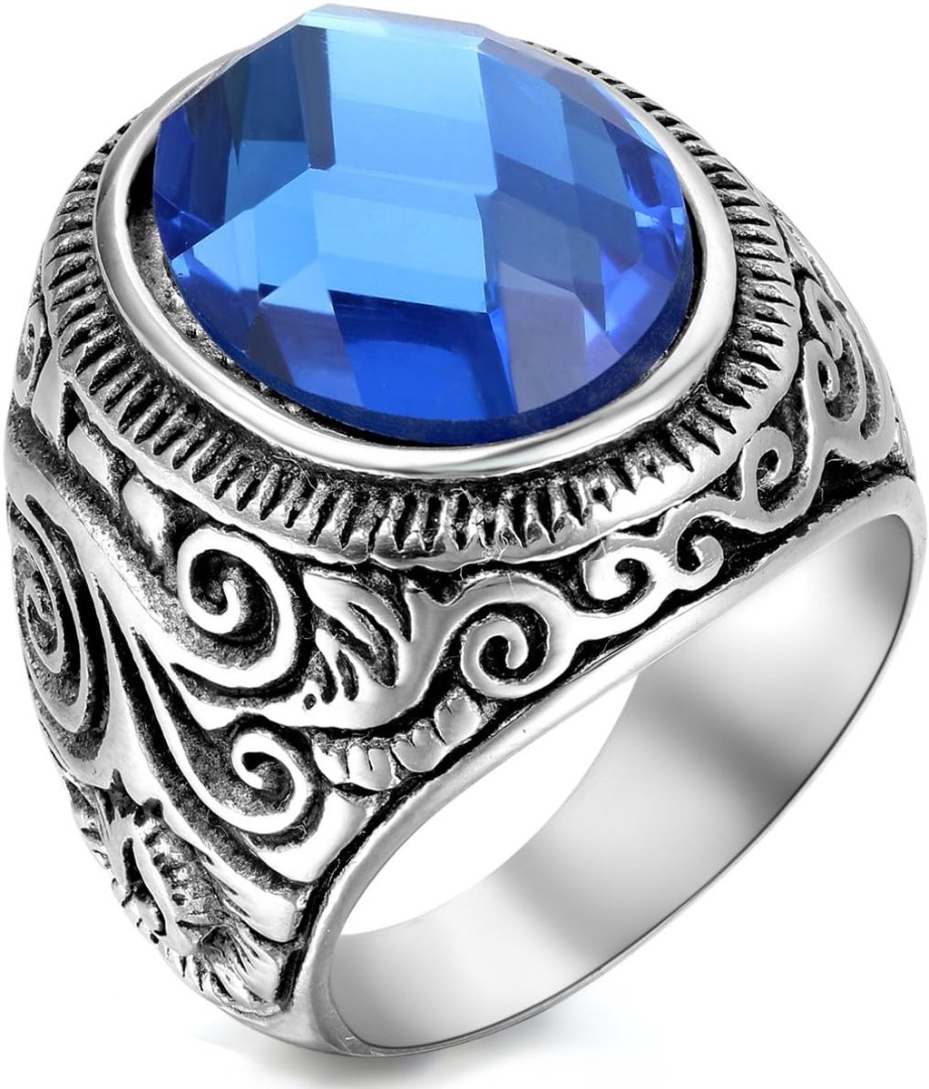 Herenring, duimring, roestvrij staal, glas, ring, zilver, zwart, blauw, bloemen, snijwerk, klassiek, retro, charm voor heren, geen gegevens